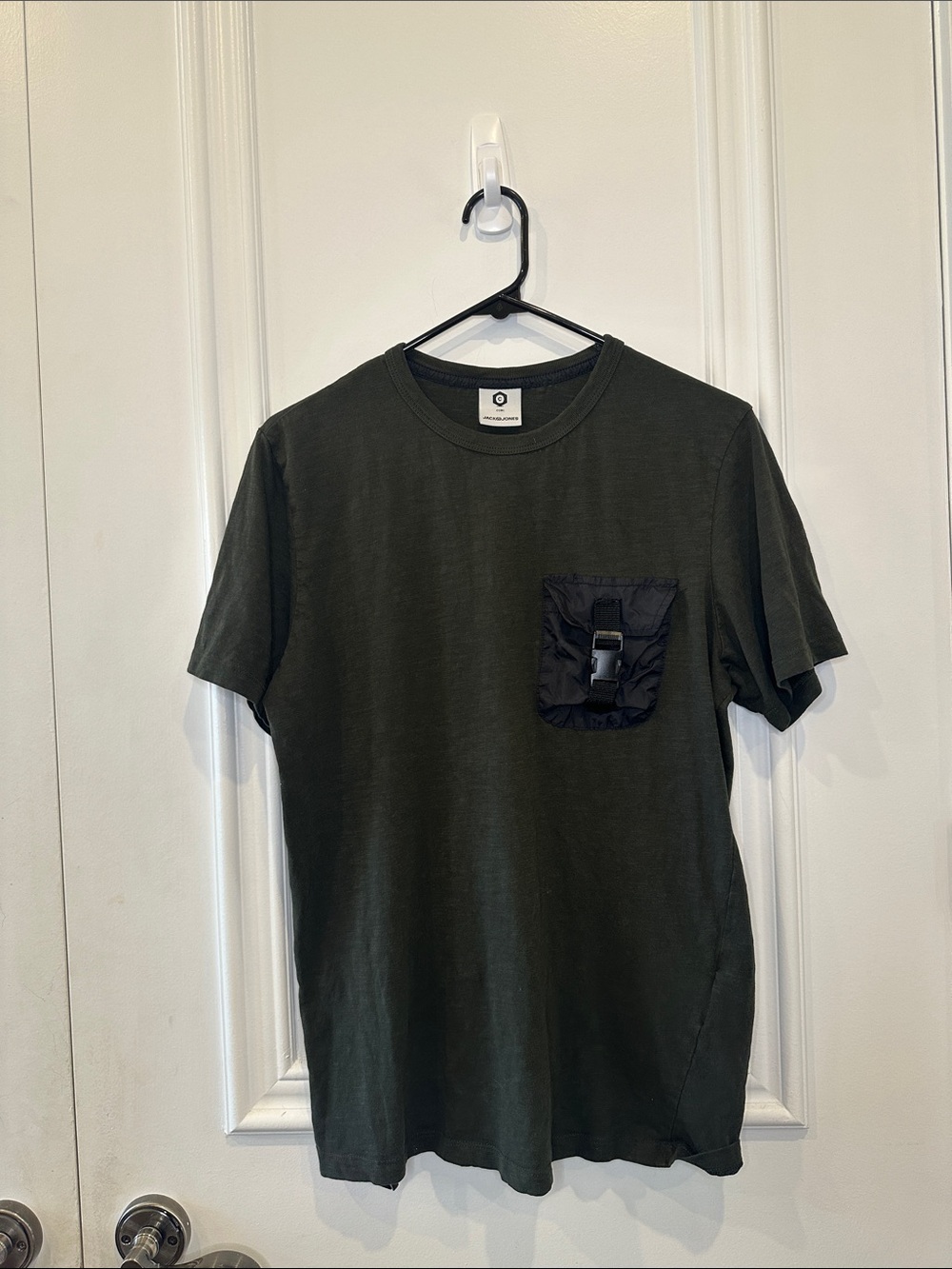 Jack and Jones Olive Green Crewneck Tee with Black Utility Pocket